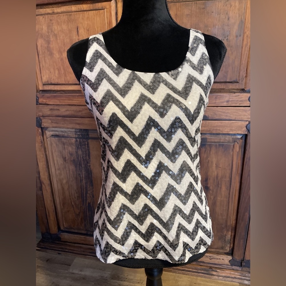 Express Chevron Sequin Tank Top in Black and White